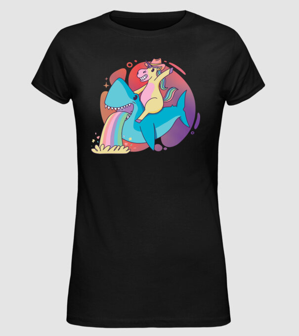 Unicorn pe rechin model negru pe tricou
