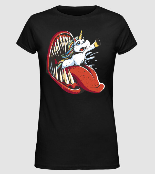 În gura monstrului Unicorn model negru pe tricou