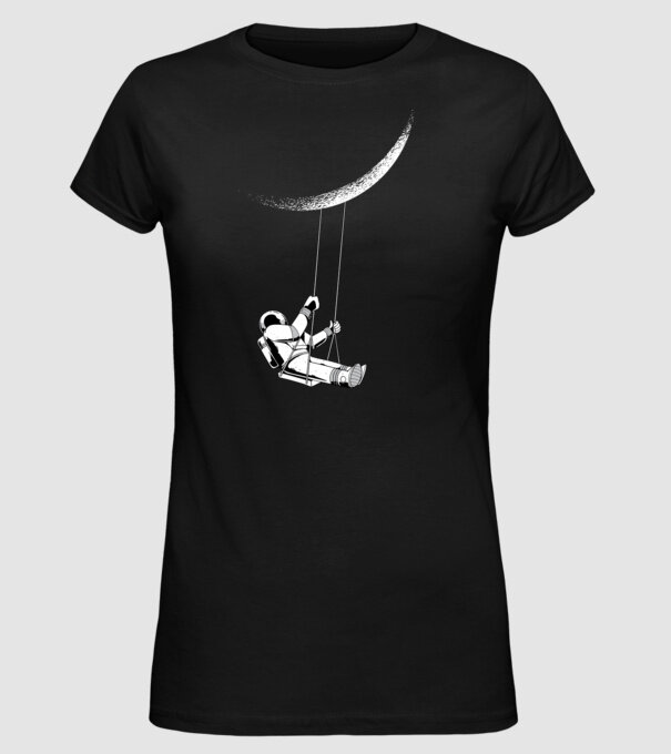 Astronaut care se dă în leagăn pe lună model negru pe tricou