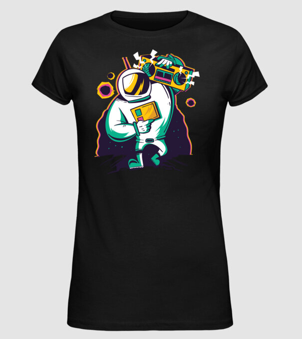 Astronaut cu casetofon model negru pe tricou