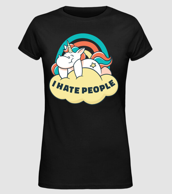 Urăsc oamenii Unicorn model negru pe tricou