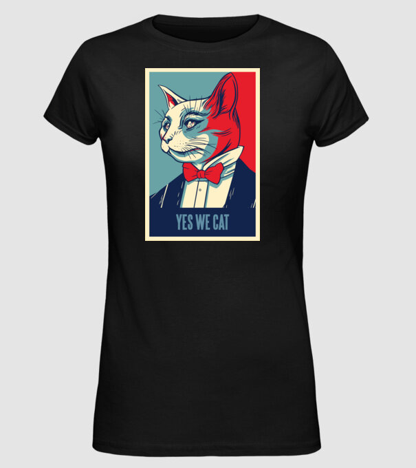 Yes We Cat poster cu pisică model negru pe tricou
