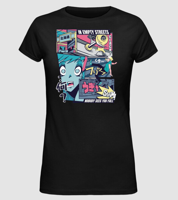 Anime Vaporwave Benzi desenate Skateboard model negru pe tricou