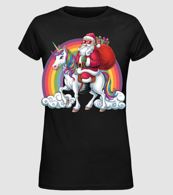 Moș Crăciun cool pe un unicorn 2 model negru pe tricou