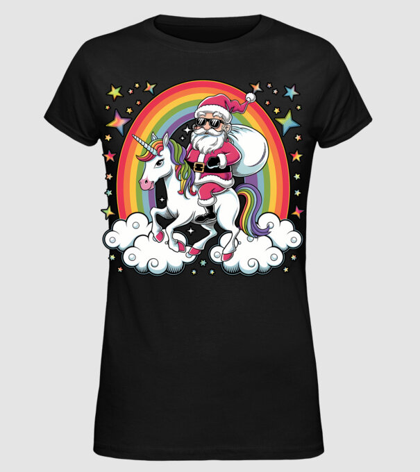 Moș Crăciun cool pe un unicorn model negru pe tricou