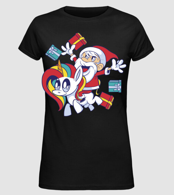Moș Crăciun pe un unicorn model negru pe tricou