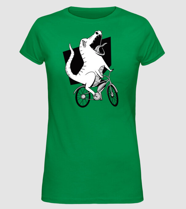 Dinozaur cu bicicletă model verde pe tricou