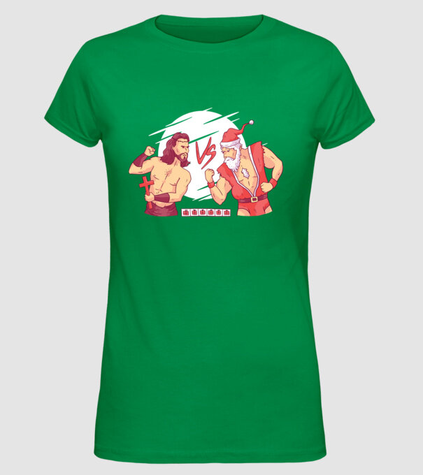 Isus vs Moș Crăciun Street Fighter tricou amuzant Crăciun model verde pe tricou
