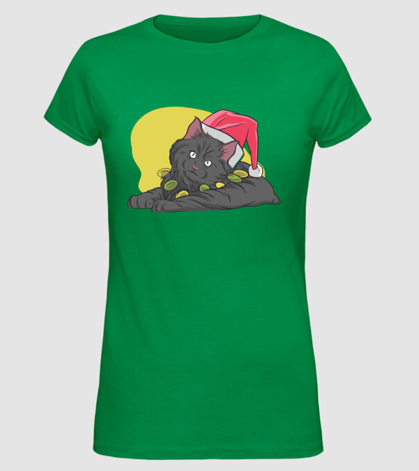 Pisică de Crăciun model verde pe tricou
