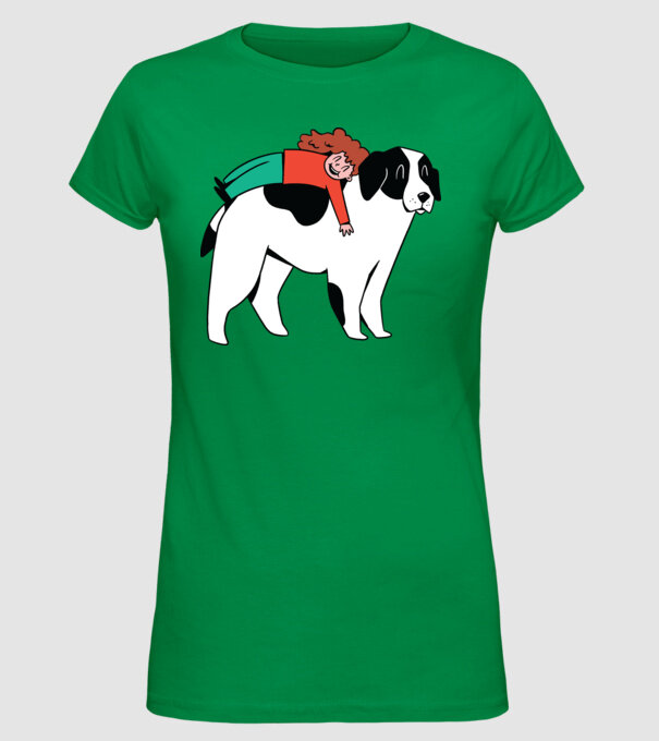 Fetiță cu câine model verde pe tricou