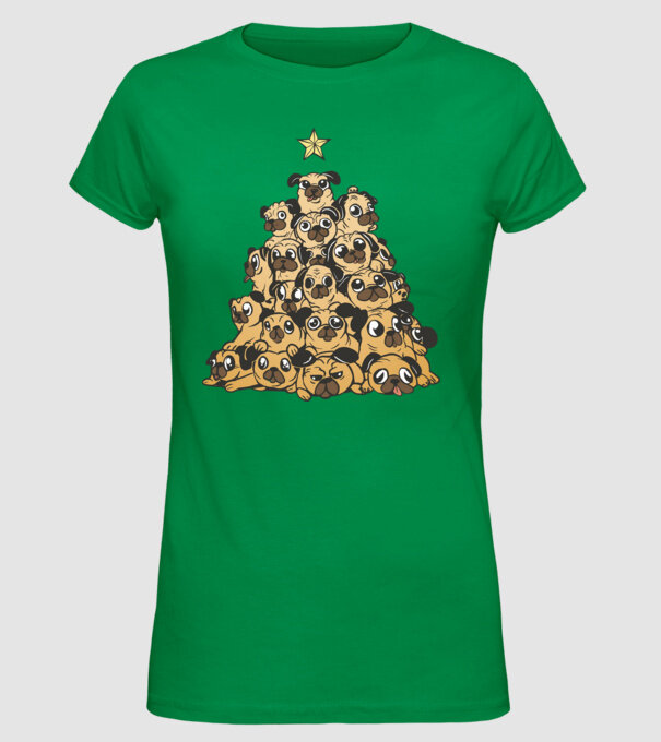 pom de Crăciun cu cățel (mops) model verde pe tricou
