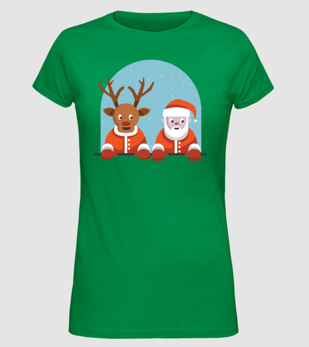 Moș Crăciun și Ren tricou de Crăciun T-shirt model verde pe tricou