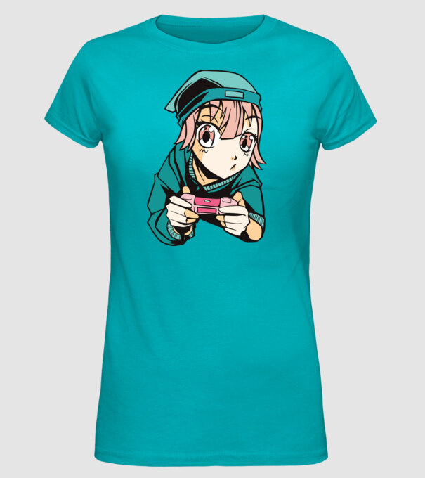 Anime fată Gamer model turcoaz pe tricou