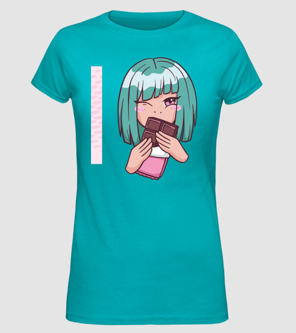 Anime fată cu ciocolată model turcoaz pe tricou