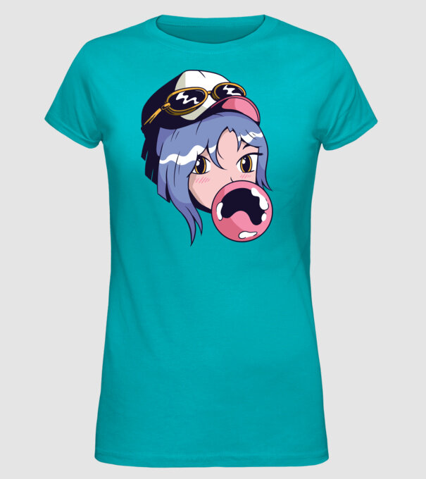 fată Anime cu gumă de mestecat model turcoaz pe tricou
