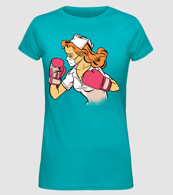 Asistentă Boxer model turcoaz pe tricou