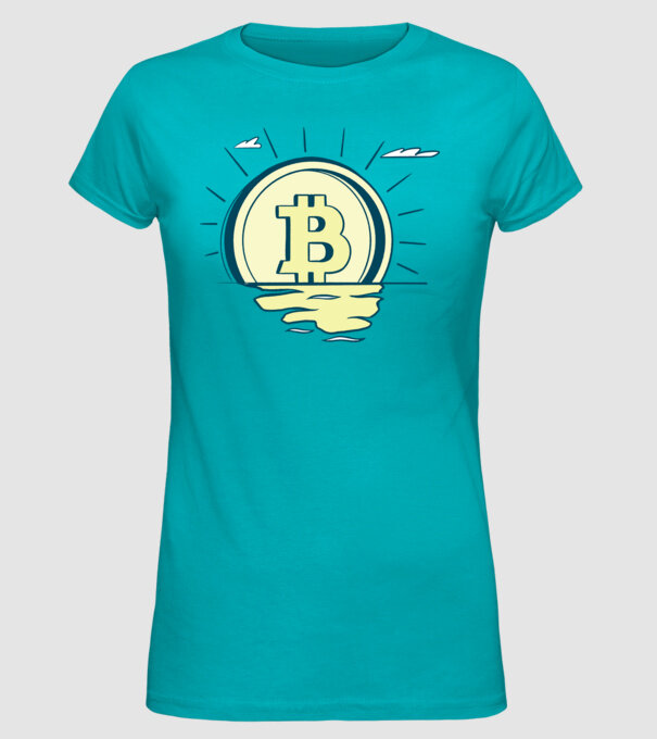 Bitcoin sunrise model turcoaz pe tricou