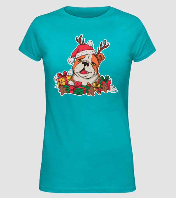 Bulldog de Crăciun model turcoaz pe tricou