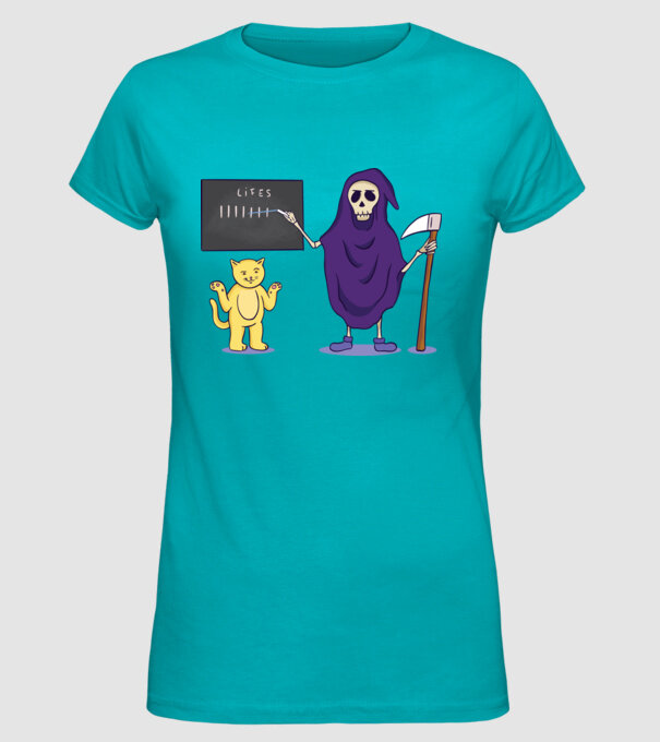 Cele 9 vieți ale pisicii model turcoaz pe tricou