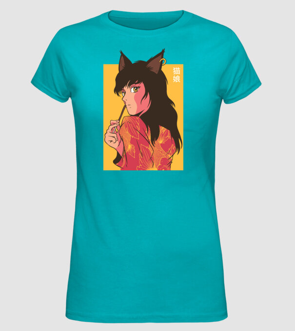 Pisică Fată Anime model turcoaz pe tricou