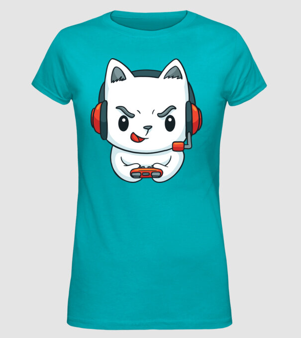 Pisică Gamer model turcoaz pe tricou