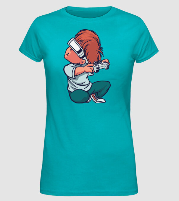 Băiat Gamer cu ochelari VR model turcoaz pe tricou