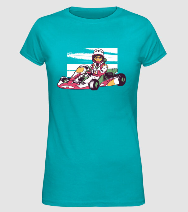 Pisică gokart model turcoaz pe tricou