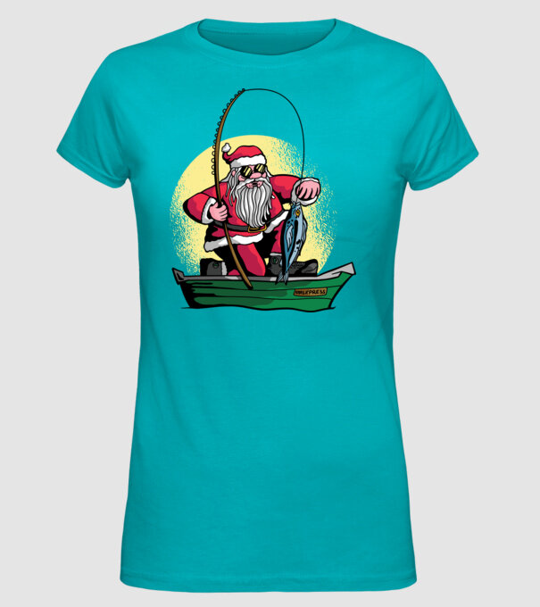 Moș Crăciun pescar model turcoaz pe tricou