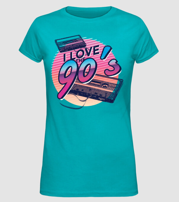 I love the 90s Casetă model turcoaz pe tricou