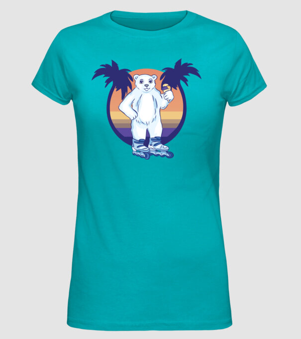 Urs polar cu patine cu rotile model turcoaz pe tricou