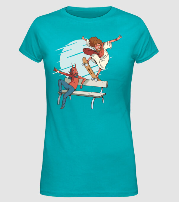 Isus Skateboarding model turcoaz pe tricou
