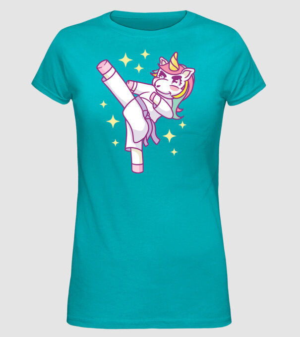 Karate unicorn model turcoaz pe tricou