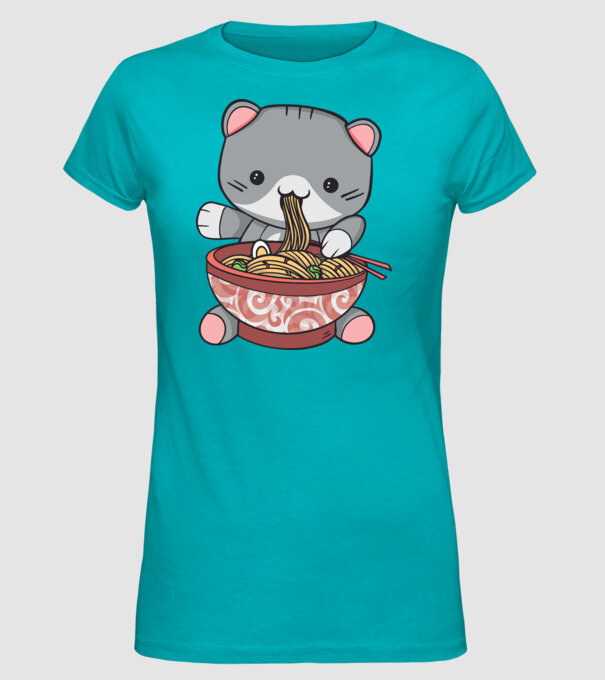 Pisică Kawaii Ramen model turcoaz pe tricou