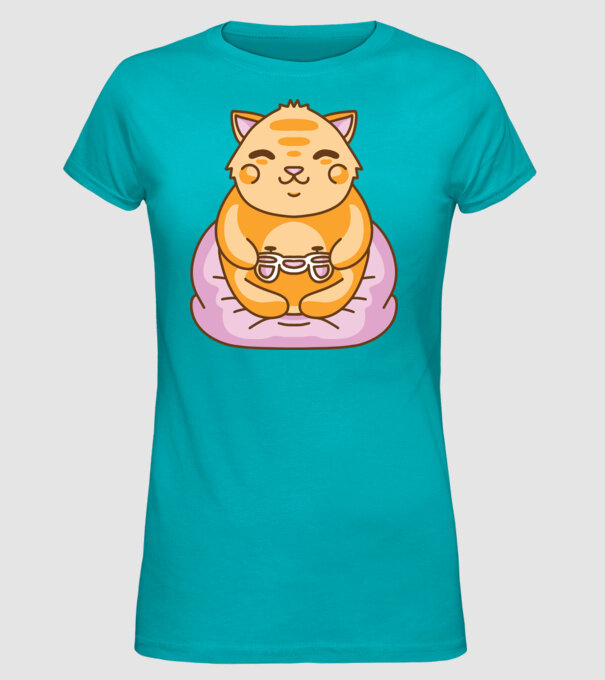 Pisică Gamer Kawaii model turcoaz pe tricou