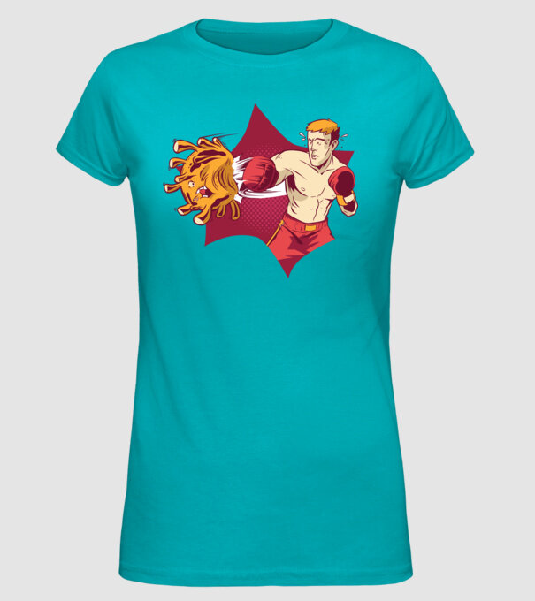 Coronavirus KO - Box model turcoaz pe tricou