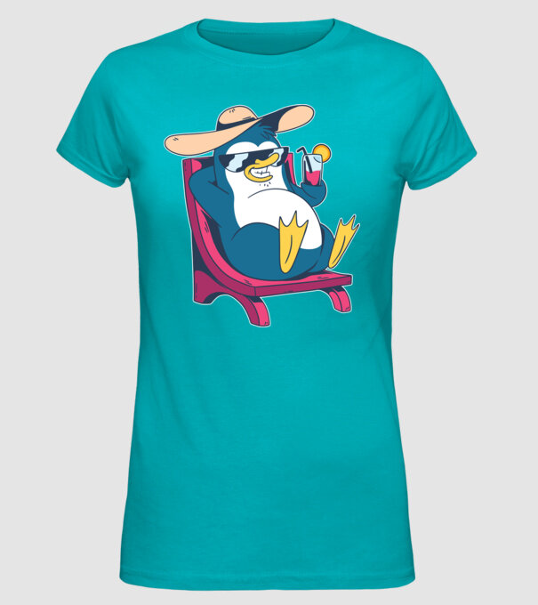 Pinguin cool stă la plajă la mare model turcoaz pe tricou
