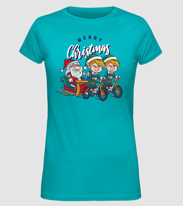 Merry Christmas Moș Crăciun cu sanie cu bicicletă model turcoaz pe tricou