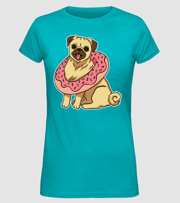 Mops cu gogoașă la gât model turcoaz pe tricou