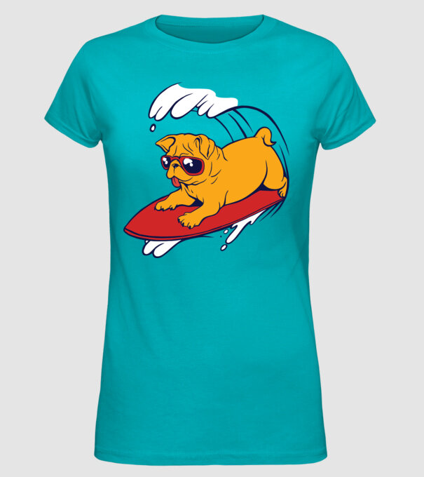 Mops Surf model turcoaz pe tricou