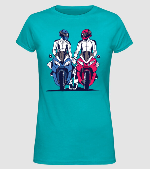 Cuplu de motocicliști model turcoaz pe tricou