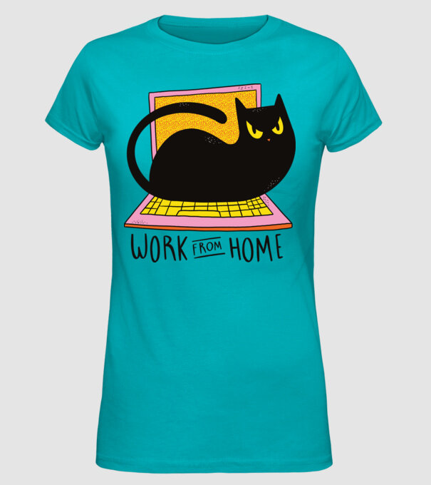 Home offfice cu pisică model turcoaz pe tricou