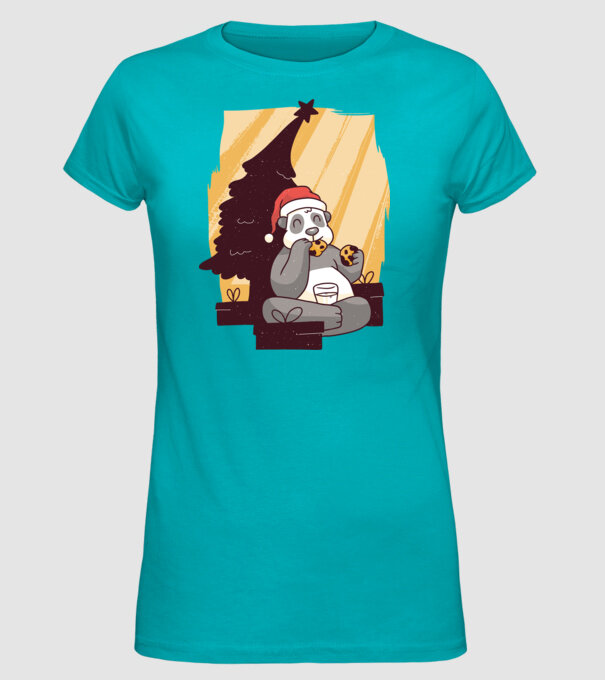 Panda mâncând prăjituri tricou Crăciun model turcoaz pe tricou