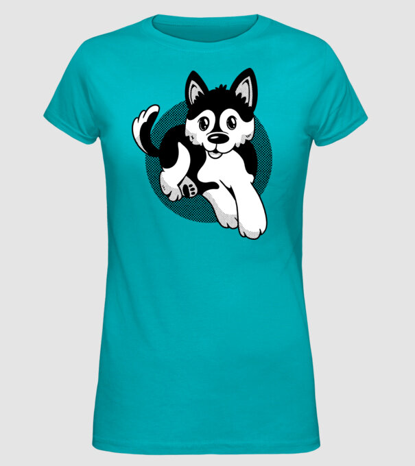 Câine Pomsky model turcoaz pe tricou