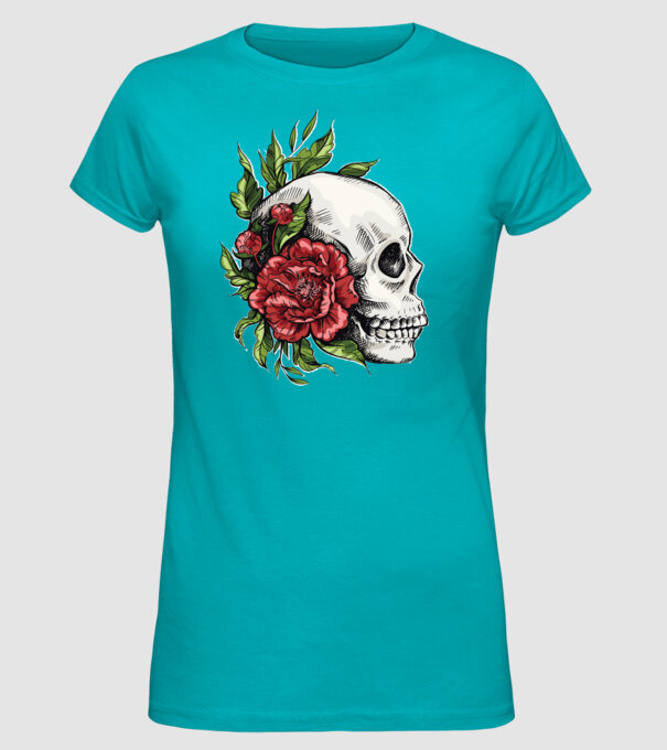 Trandafiri și craniu model turcoaz pe tricou