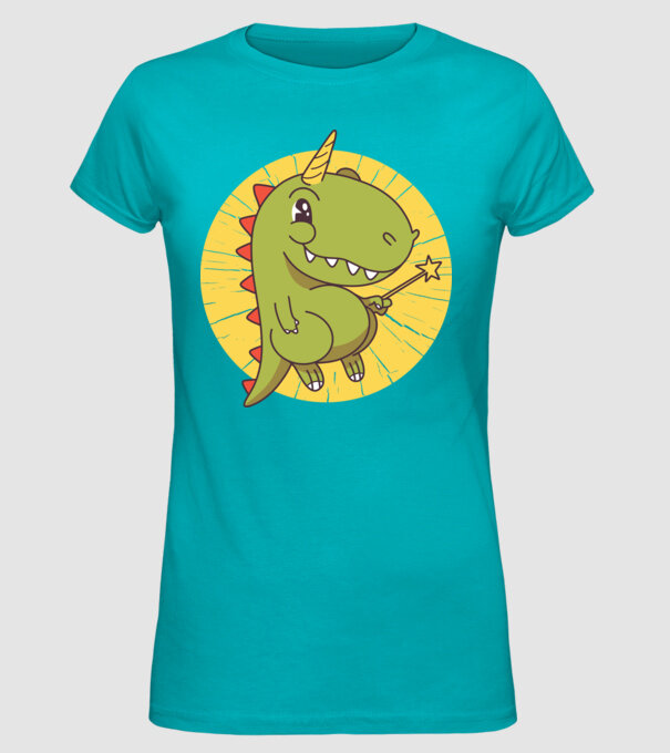 T-rex Unicorn cu baghetă magică model turcoaz pe tricou