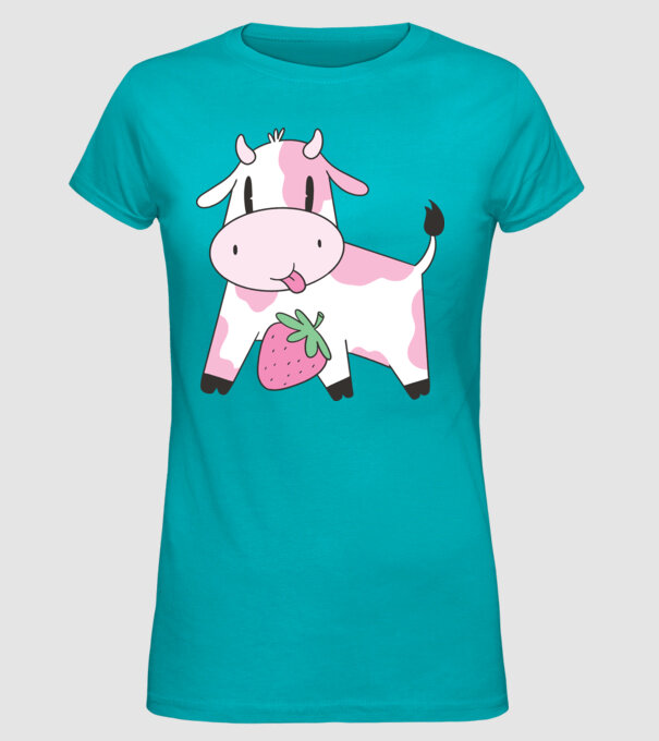 Vacă cu căpșuni model turcoaz pe tricou