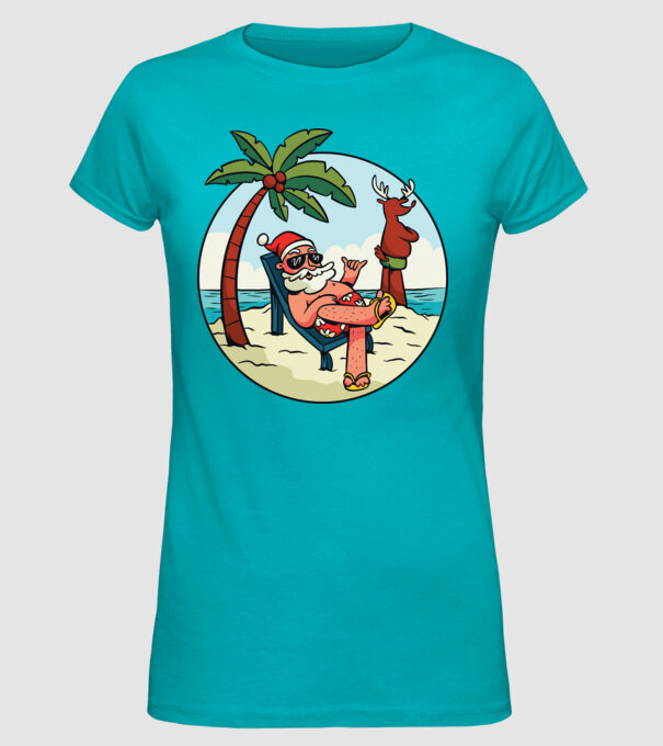 Moș Crăciun în vacanță de vară model turcoaz pe tricou