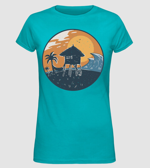 Bungalou pe plajă model turcoaz pe tricou