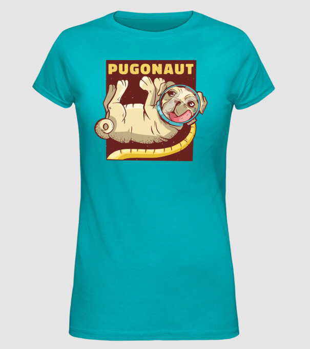 Mops Astronaut model turcoaz pe tricou