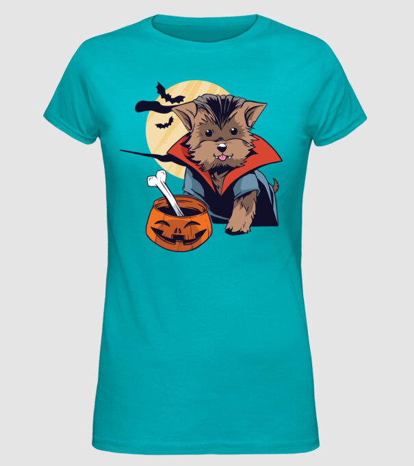 Vampir Yorkie Halloween model turcoaz pe tricou